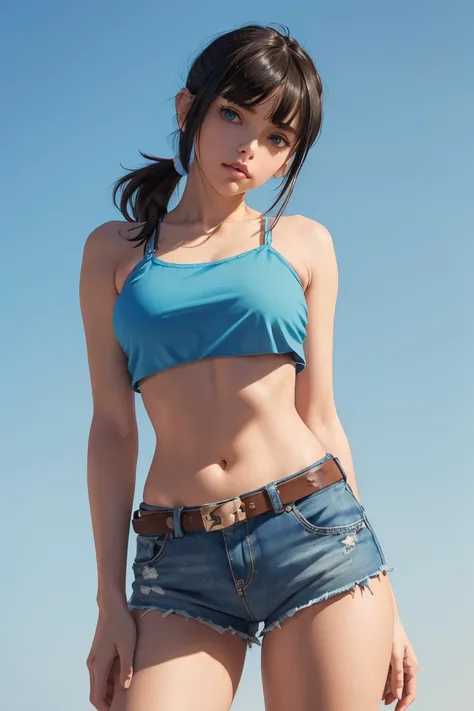 1girl,solo，Blue Background，huge breasts, crop top, short shorts, underboob, High Ponytail，Unbelievably long hair，cowboy shot,,looking at viewer，Simple style，wide angle,Dynamic Angle，(bangs_pinned_back:1.5),(head_tilt:1.7),(cuvrybody:1.1)，Lively posture，Fro...