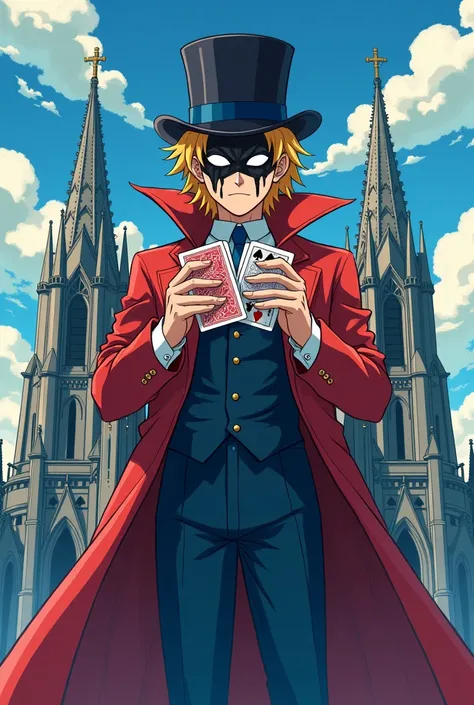 Generate an Anime Picture of Lewis, 
When he became a Villain ( Temporary )

Details

Blonde Hair, Tap hat, Colored Gentleman Outfit, With red and blues, Wearing a Mask with 2 tears, And uses Cards for fighting.

And he is Standing on top of a Cathedral 