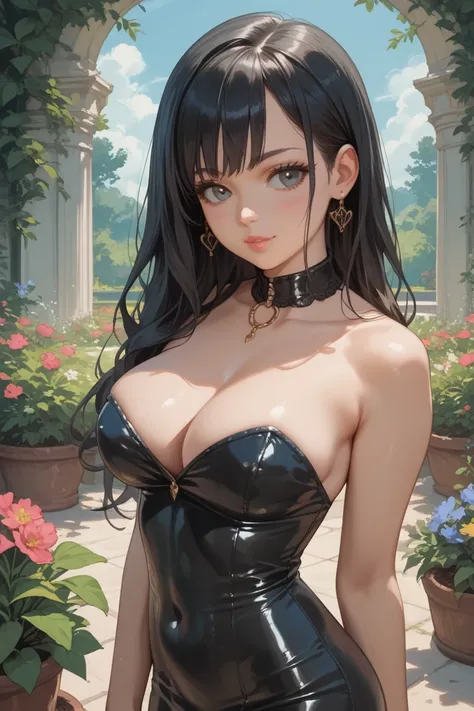 A young girl wearing a small strapless latex dress, big breasts, slim body, long straight black hair in garden