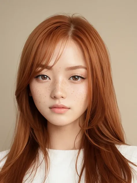 [Asian ginger (ginger straight long hair, freckles, caramel eyes, natural makeup, flawless skin)]