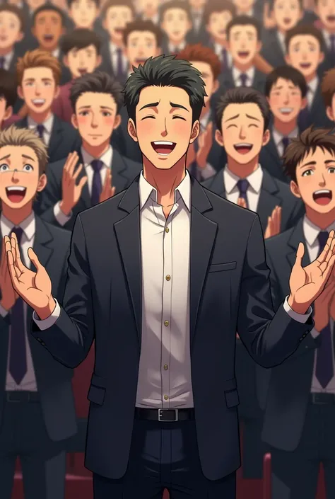 Many man are clapping for one successful man . Anime pic look realistic