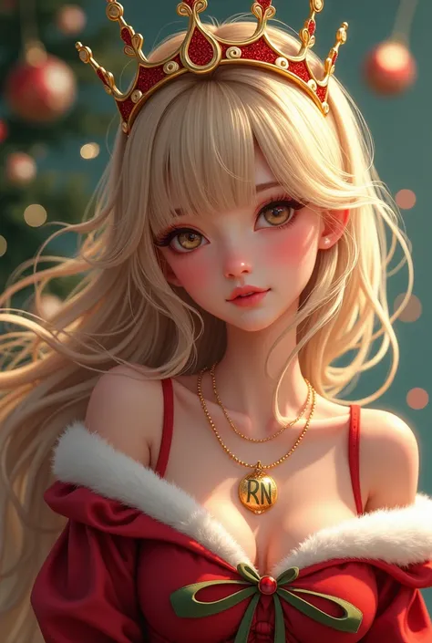 Young WOMAN christmas attire and hat with crown with a necklace "RN", blonde hair and bangs