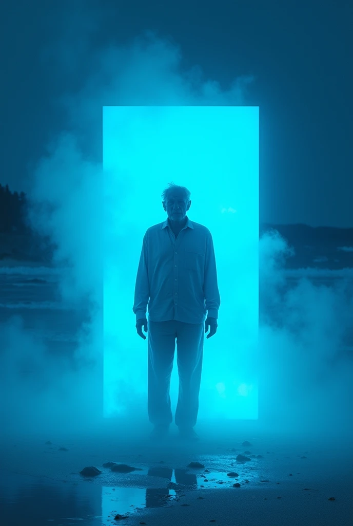  A bright blue light comes out of the box ,  obscures the entire beach . The old man looks in shock ,  stands in the middle of the light that erases the background.