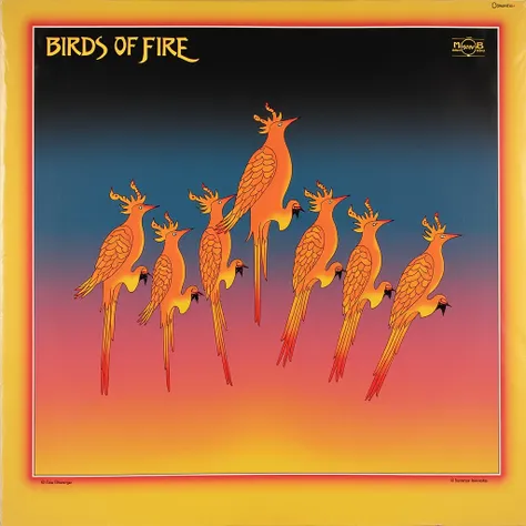 Mahavishnu Orchestra "Birds of Fire" album cover. Five firebirds in the central rectangular frame, the top of the inside of the frame is a gradient from black to blue, like the sky, and the outside of the frame is a gradient background of yellow and pink. ...