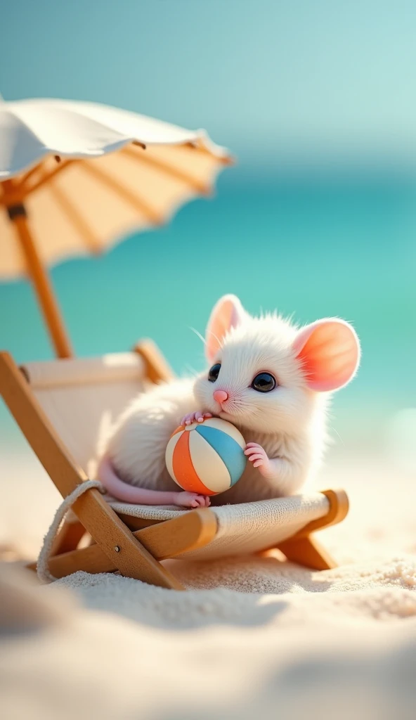 A cute small white mouse cub curled up on a mini beach chair under a tiny umbrella, holding a toy beach ball