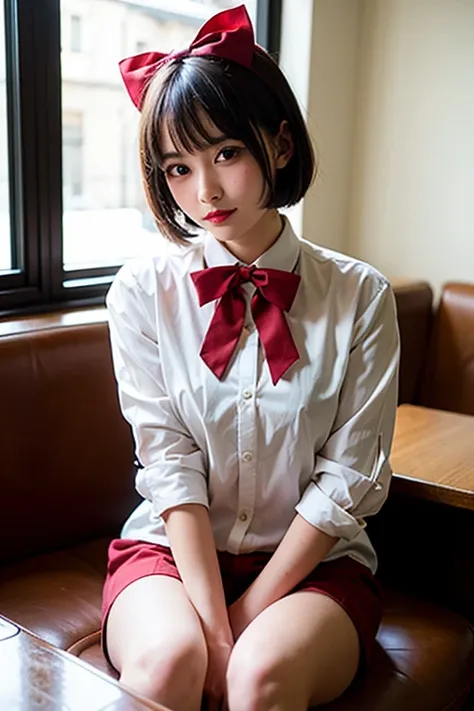 A photo of a young, nerdy woman sitting in a caf, wearing a white shirt and a bow, surrounded by a cozy atmosphere, looking at the viewer.
short hair, slender, red lips, transparent fabric, flirting with the camera