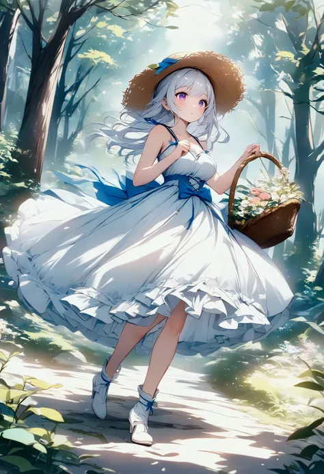ultra detail, high resolution, ultra detailed, best quality, amazing, top quality, extremely detailed, 1girl, fairytale, adorable, young adult woman, medium breasts, tall, long legs, cute outfit, petticoat, light blue sundress, straw hat with blue ribbon, ...