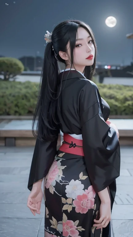 8k、 Ultra High Definition、Beauty、beautiful、 detailed、 realistic 、Realistic、 realistic 、Jet Black Hair、 straight hair、((Wearing a Japanese-style kimono))、 back view、 Looking Back、 standing、( Future City)、 Cyber、Near future、Skyscraper、 skyscraper 、moon、(nigh...