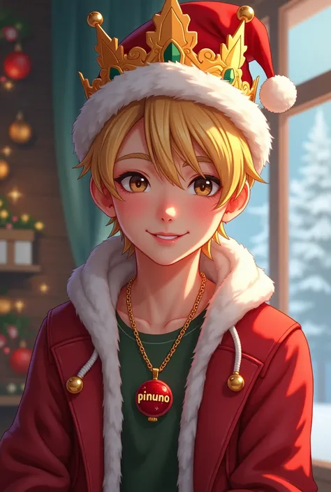 Young MAN christmas attire and Christmas hat with crown with a necklace "Pinuno", blonde hair and bangs