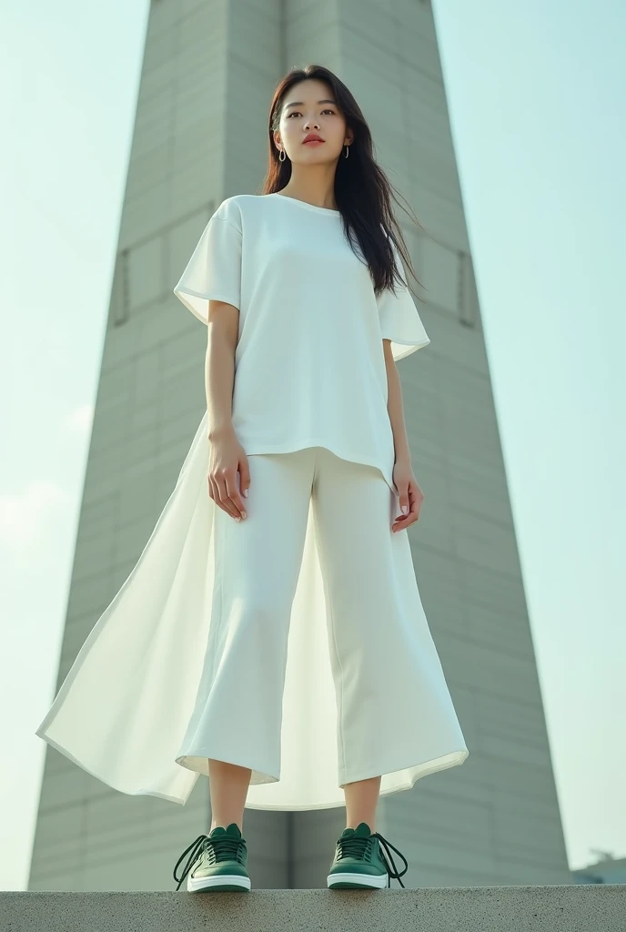 A beautiful Korean girl wears a long white t-shirt ,, white skuba culot pants   ,, standing on hsc monument  ,, wears green black jordam shoes  