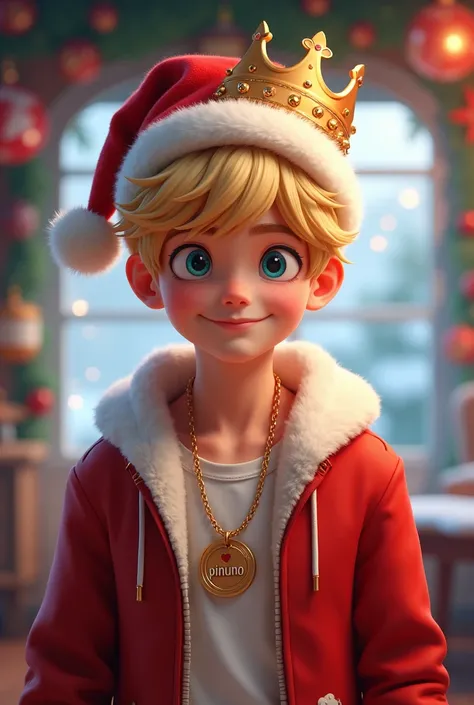 Young MAN christmas attire and Christmas hat with crown with a necklace "Pinuno", blonde hair and bangs