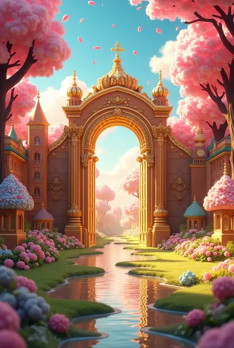 A fantasy world that has a golden front gate full of light that is filled with the warmth of a brown river flowing in it ,  candy trees grow and green grass strewn with flowers of candy flowers, buildings made of colorful cakes and doors of houses made of ...