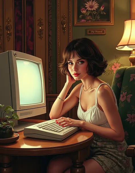 A beautiful woman, brunette, short haired, sits in front of her vintage 1990s Mini Tower PC with Cathode Ray Tube Monitor, looking atvthe camera, sensually smile, wears oversized T-Shirt, Insanely detailed and intricate interior decor, hyper realistic illu...