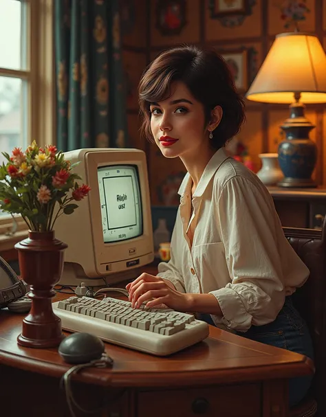 A beautiful woman, brunette, short haired, sits in front of her vintage 1990s Mini Tower PC with Cathode Ray Tube Monitor, looking atvthe camera, sensually smile, wears oversized T-Shirt, Insanely detailed and intricate interior decor, hyper realistic illu...