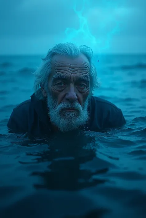 The old man looks resigned ,  with the blue light from the box enveloping him .  His face reflects great fear and responsibility,  while the ocean remains silent and endless .
