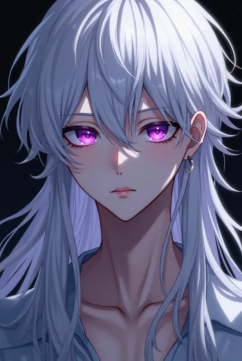 Purple eyes, Young Man, Dark Shiny, Long White Hair Anime Style, earring,  symbolic eyes , 