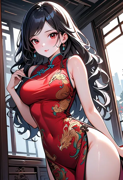 (masterpiece, best quality:1.2),Wavy hair secretary，solitary,Exquisite eyes,Fine black hair，( Smooth skin:1.2)( Wear a cheongsam with a gorgeous phoenix pattern:1.2)， Slender body proportions，Gorgeous room（（Intricate details））