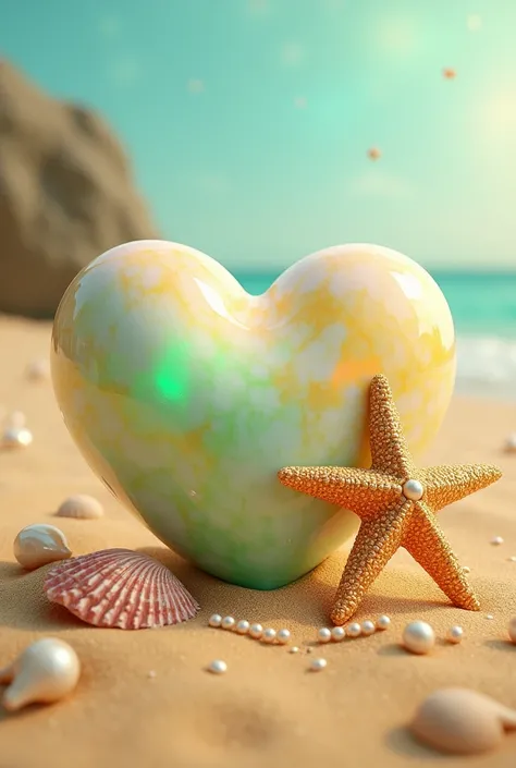 A stunning 3D rendered art piece featuring a beautiful white, yellow, and green heart with the name "SELAMAT PAGI" "by Lanny" inscribed on it, gently placed on the golden sand. A dazzling starfish adorns the scene, along with some seashells and pearls. The...