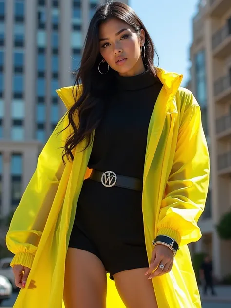 translucent (sweater romper) + plastic NEON raincoat in the theme of IMMENSELY BULGING MASSIVE PROTRUDING: BIG BUTTOCKS: dance poses, | zendaya | Smokey eyes with winged eyeliner and light brown lipstick BUTT CHEEKS:HUGE: protruding upward, description:: A...