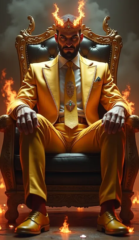 King of Hell  ,    sitting on a gaming chair in Hell,   High resolution  ,   better quality  , GOLD SUIT AND TIE ,  BURNING IN HELL ,  SHADOW HIDING HER FACE,VALUABLE JEWELS ,  Shiny Jewelry ,  BURNING ARMS ,Dark environment,THRONE OF GOLD AND DIAMONDS,HAZ...