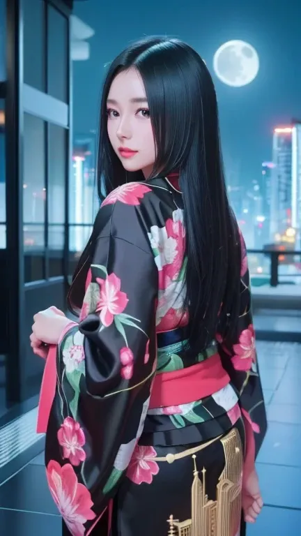 8k、 Ultra High Definition、Beauty、beautiful、 detailed、 realistic 、Realistic、 realistic 、Jet Black Hair、 straight hair、((Wearing a Japanese-style kimono))、 back view、 Looking Back、 standing、(( Future City))、 Cyber、Near future、((Skyscraper:1.2))、 skyscraper 、...