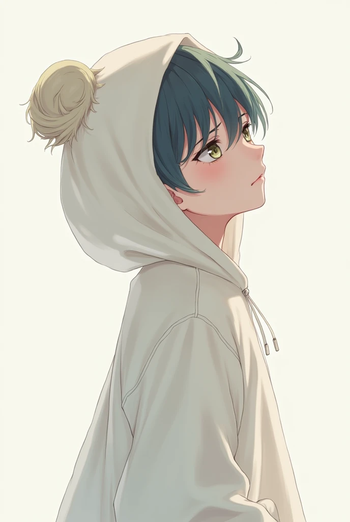 Anime boy with white hoodie looking at the other side, with good shaped head on his hoodie hat