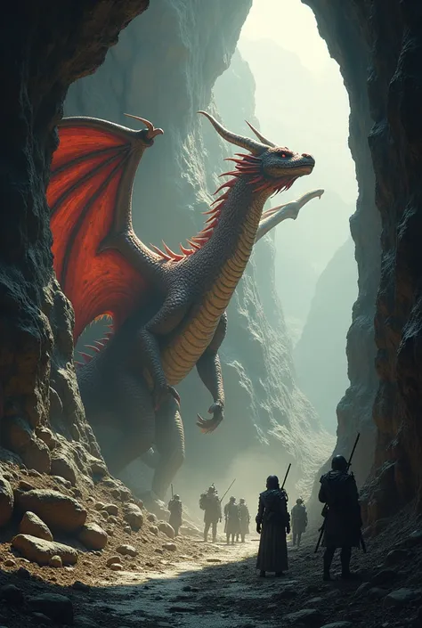 Prompt 
a mighty dragon is taking refuge in a cave ,  artistic atmosphere with rock rocks there are troops ready to attack