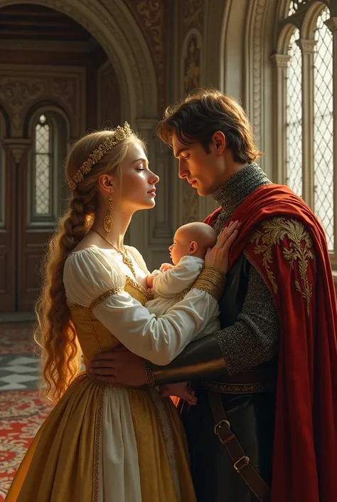 A young beautiful blonde princess inside a castle wearing anne bolyen gown  with hair knotted but exposed the top of her breast and breastfeeding the knight
