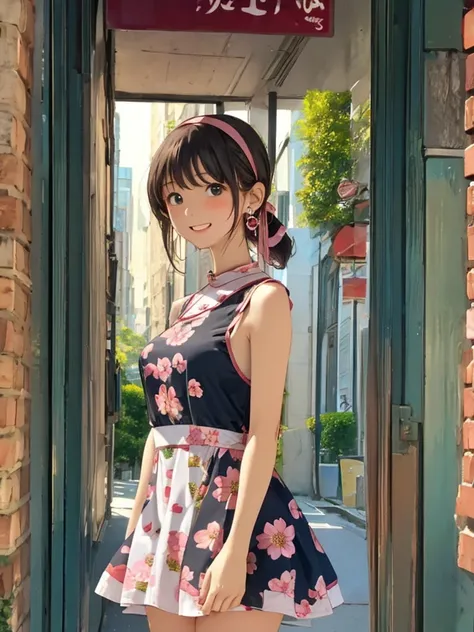 masterpiece、 high definition 、1 Girl、One person、whole body、woman、 bright smile、blush、Mid-chest、 skinny、 real、20th Generation、Retro clothing、sleeveless floral tight mini dress、 Heart Earrings 、 headband、1960s cityscape