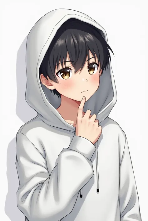 Anime boy with white hoodie looking at the other side, with good shaped head and his hoodie hat