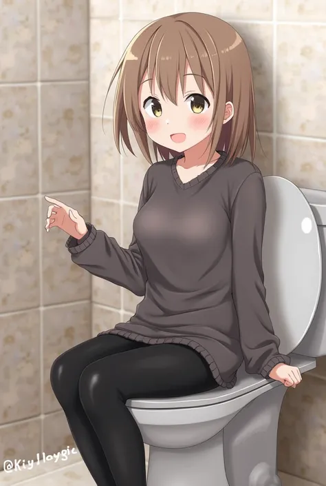 anime, black leggings,  sit toilet, happy,