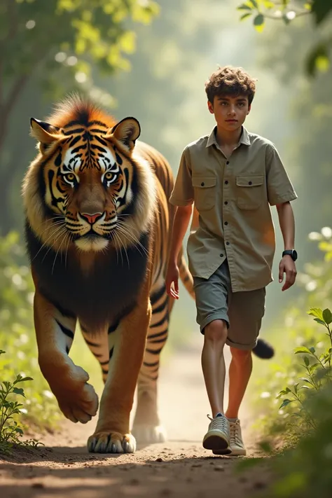 A teenager wearing a shirt walks along with the ferocious animal and moves simultaneously with his