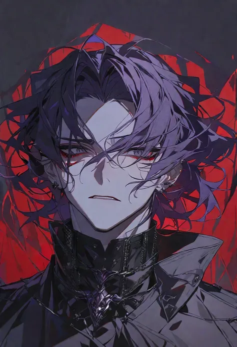 solo, handsome, 1 male, short dark  purple hair, gray eyes, straight face, dark color background, red lighting, villain aesthetic, gothic clothing