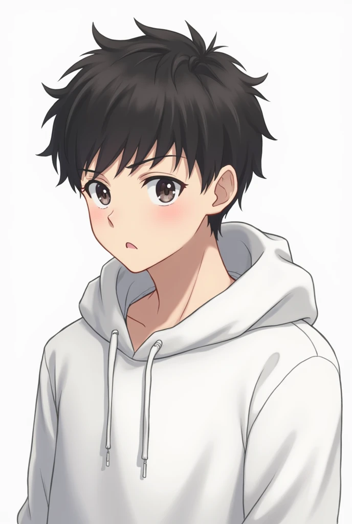 Anime boy with white hoodie looking at the other side, with good shaped head and his hoodie hat