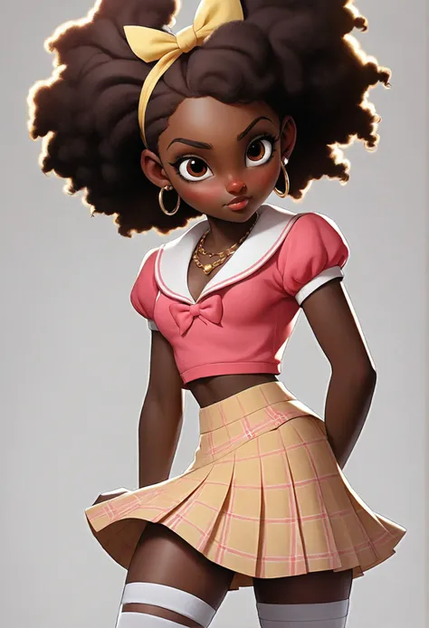 1 girl, dark skinned African, teenage, red afro puffs, black eyes, pink sailor crop top, short pleated pink plaid miniskirt, smile, collar, golden hoop earrings, hand on hip, bending over, looking back at you, white lace knee high stockings, lovely legs, s...