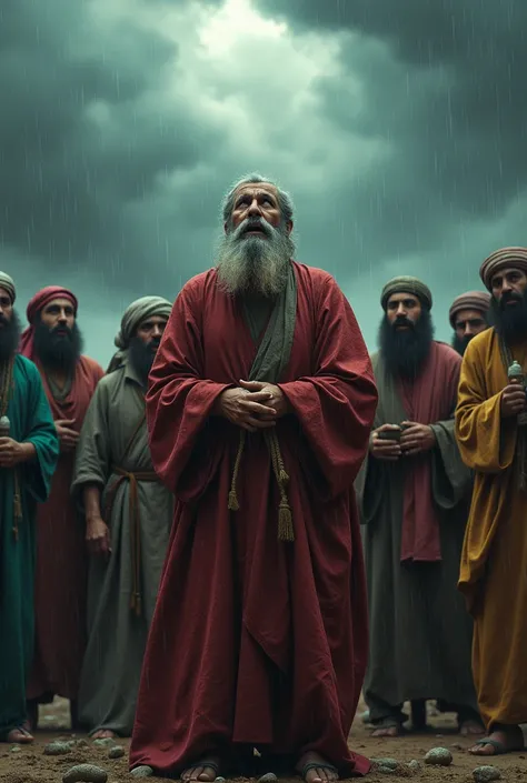  image in cinematic dynamic,stormy clouds, rainy day,  a group of angry arabs trying to hang an old long beard Sufi Muslim ,  60 years old ,   ,  7th century arabic clothing model , ,his bloody head up looking at the sky,,  there is a rope entanglemenon th...