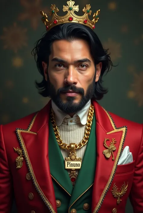 MAN christmas suit with crown, with a necklace named "PINUNO" , black hair
