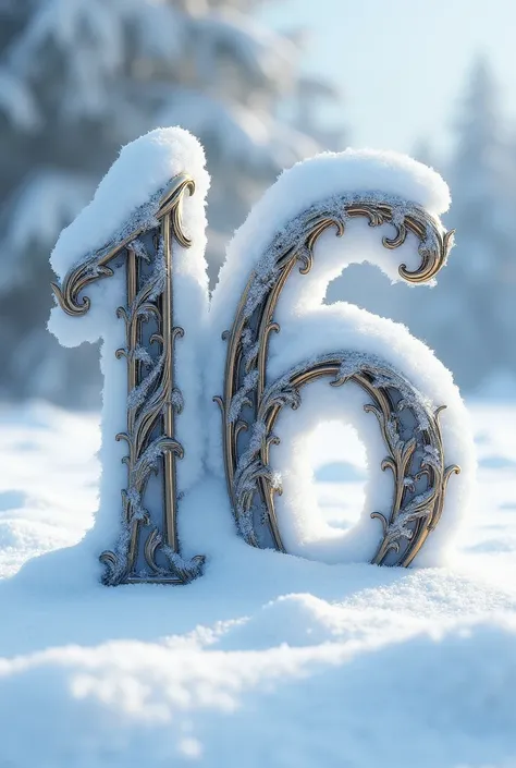 Inscription "16" with beautiful font on snow background 