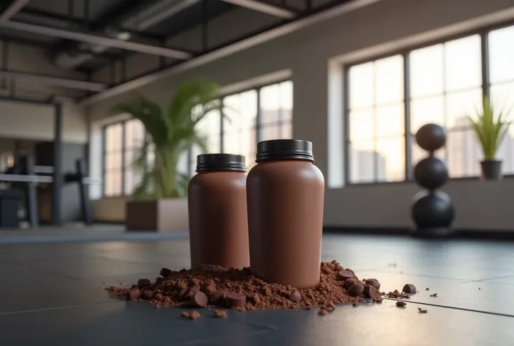 background　Gym　strength training
Picture showing chocolate 　 and protein shakers
