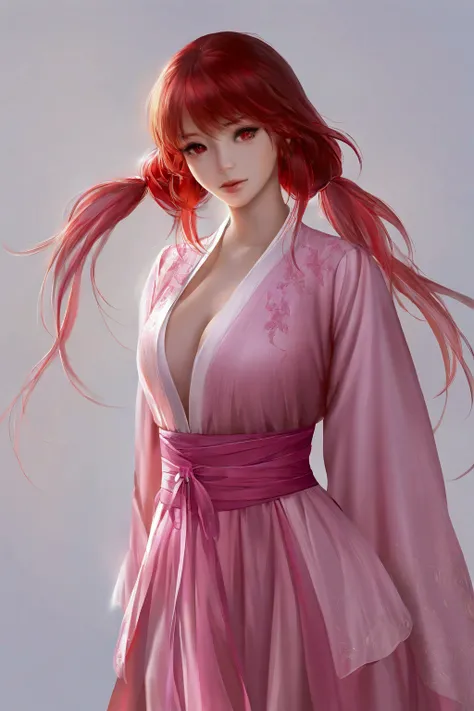 red_hair , red_eyes , low_twintails, cowboy shot, white background, masterpiece, best quality, realistic, 8k, official art, cinematic light, ultra high res, perfect female body, sharp focus, guofeng, pink hanfu, 1girl, solo, chinese clothes, realistic,