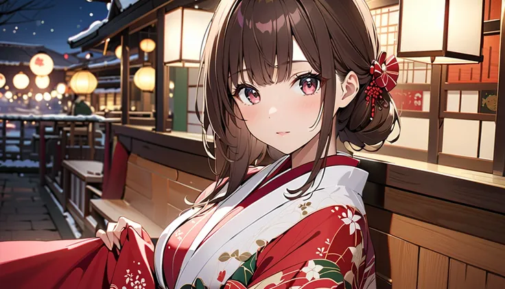 (Highest quality, 4K, 8k, High resolution, masterpiece:1.2), Very detailed, Picturesque, Anime style photo, Photo Anime:1.37)、A beautiful Japanese woman, kimono, 
brown hair, christmas night cafe, whole body