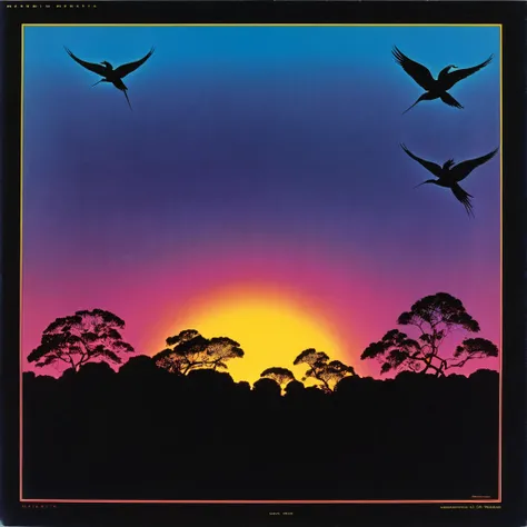 Mahavishnu Orchestra "Birds of Fire" album cover. Firebird silhouette, Five firebirds in the central rectangular frame, the top of the inside of the frame is a gradient from black to blue, like the sky, and the outside of the frame is a gradient background...