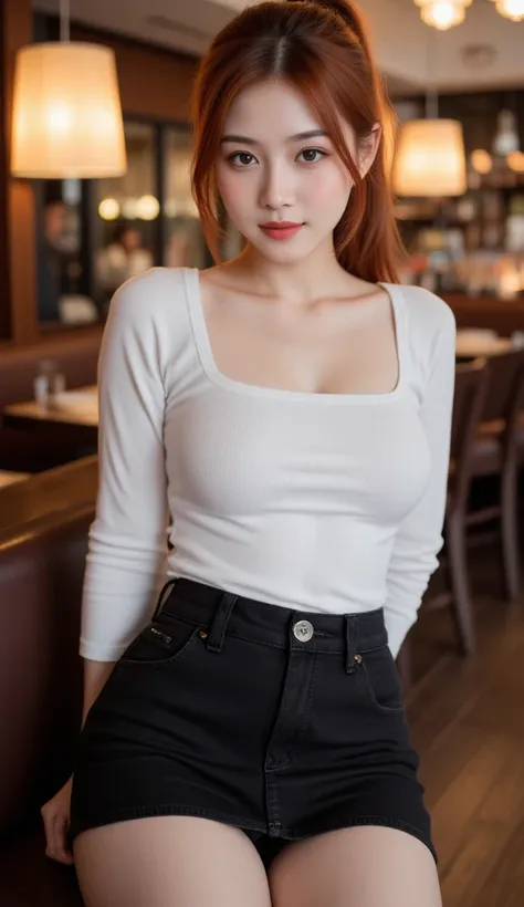 Gorgeous Thai woman is sitting at nightclub. Sexy light red ponytail hair.  . Innocent, youthful facial features. natural makeup with coral lipstick. Wearing white square neck shirt, A black low waist jean skirt streetwear clubwear casual zipper closure wi...