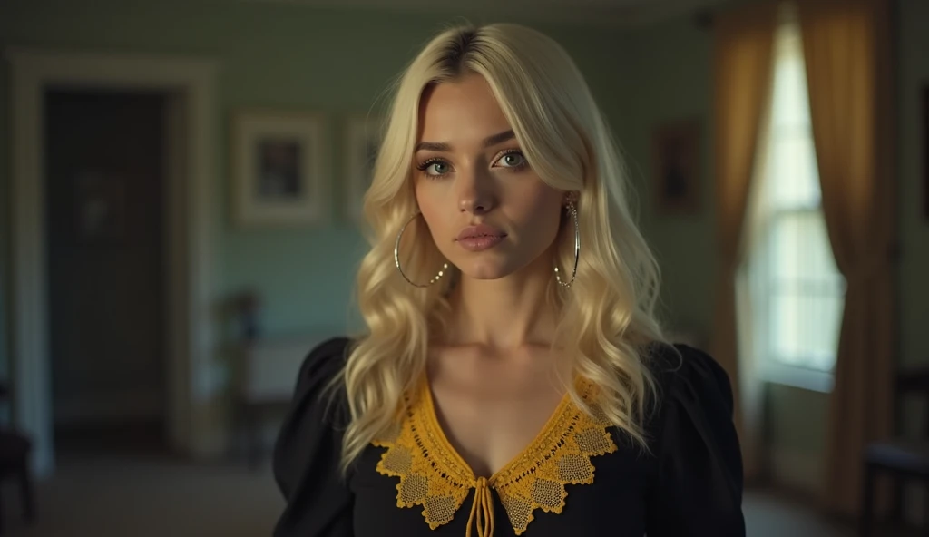 A young woman with long, platinum blonde hair and bold makeup standing indoors in a dimly lit room. She is wearing a black top with yellow lace trim and large hoop earrings. Her confident expression is emphasized by her direct gaze. The background includes...