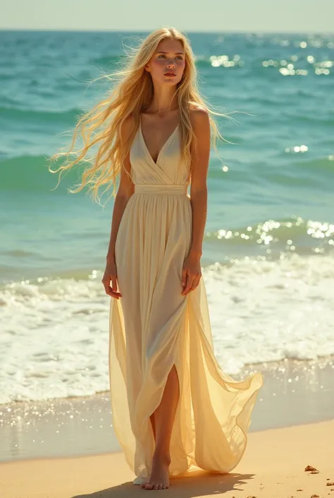  with long blond hair, she is standing on the seashore in a blond dress