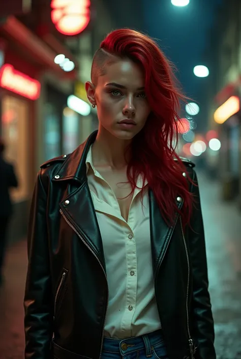 A beautiful girl with saturated red hair with black highlights ,  all her hair combed to the right side hiding part of her face, her hair reaches to her shoulder, the left side of his head shaved ,  green eyes,  athletic build, pecho pequeño, distant photo...