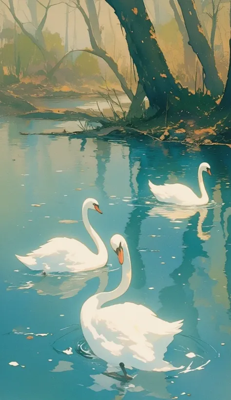 Quiet Lake、Lake of Silence  、  Decayed trees sinking into the lake 々々、Clear water 、 Clear Lake、(((水面に映るSwan Shadow:1.9、Swan Shadow:1.2、Perfect Shading、Beautiful Shadows:1.9)))、watercolor、