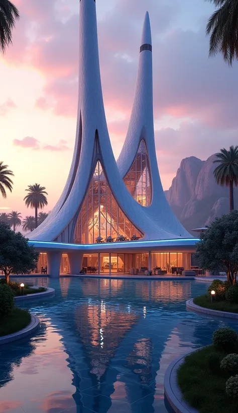 A futuristic mansion with architecture inspired by the sleek and elongated design of a giraffe, featuring tall metallic spires and intricate patterns. The structure glows with soft blue lights, surrounded by gardens reminiscent of the Taj Mahal, complete w...