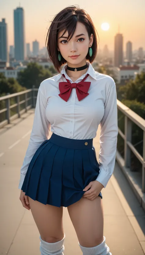 score_9, score_8_up, score_7_up, Photorealistic, (Cowboy shot photo), Stable_Yogis_PDXL_Positives, (Momo Ayase), momo ayase, brown hair, short hair, hair between eyes, asymmetrical bangs, brown eyes, green earrings, black choker, school uniform, white coll...