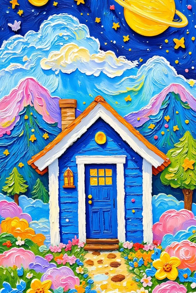 Draw a blue house ， has a door and a path leading to it, author：Yi Yinwen, Whimsical Art, Simple Art,  by Bencho Obreshkov , According to Van Goghs style, detailed painting 4k ,  just a joke , Wonderful fantasy landscape art , author：Camille Bombois, autho...